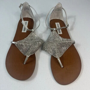Steve Madden SHINEYY Silver Leather & Rhinestone Sandals Size 7.5 NIB Sparkly